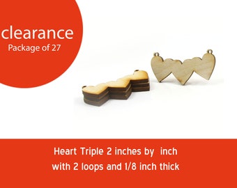 Clearance:  Package of 27 - Unfinished Wood Heart Triple- 2 inches by 1 inch and 1/8 inch thick with 2 loops wooden shape (HART16)