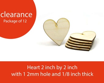 Pkg of 12 - Heart - 2 inches tall by 2 inches wide and 1/8 inch thick with 1 2mm hole wooden shape Unfinished Wood:  CLEARANCE
