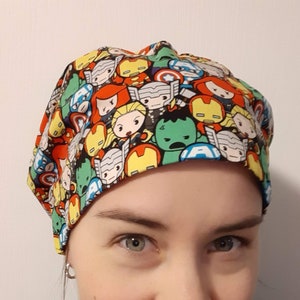 Ribbon tie-back Women's Scrub Cap/OR Hat for ponytail & lots of hair Made with licensed Marvel Avengers Super Hero Fabric image 1