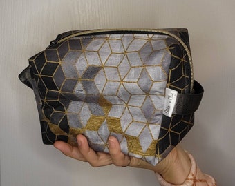 Boxy Dopp Toiletry / Accessory / Makeup bag ~ made with geometric neutral, gold, grey Geo fabric