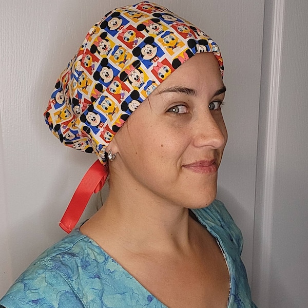 Ribbon Tie-back Women's Scrub Cap/OR Hat for ponytail made with Disney Licensed fabric of Minnie, Mickey, Donald and Daisy Duck
