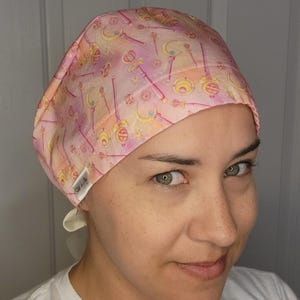 Ribbon Tie-back Women's Scrub Cap/OR Hat for ponytail & lots of hair - Sailor Moon Usagi Scouts Magic Wands anime Japanese cartoon fabric