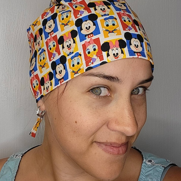 Unisex Scrub Cap/OR Hat for men and women - licensed Disney Fab 5 fabric of Minnie, Mickey Mouse, Donald and Daisy Duck