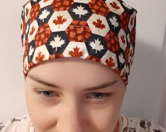 Ribbon Tie-back Women's Scrub Cap/OR Hat for ponytail & lots of hair - Maple Leaf Canadian Patterns