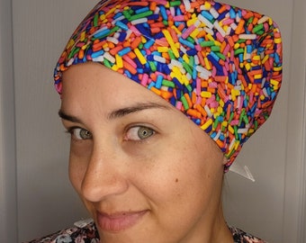 Ribbon Tie-back Women's Scrub Cap/OR Hat for ponytail & lots of hair - super cute rainbow sprinkles candy dessert fabric