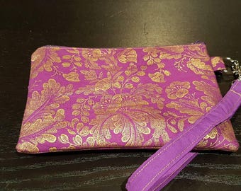 Metallic Gold and Purple Floral Wristlet
