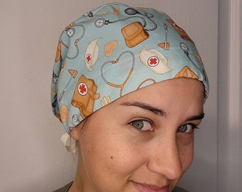 Ribbon Tie-back Women's Scrub Cap/OR Hat for ponytail & lots of hair -  medical items, stethoscopes, bandages, bandages, healing hands