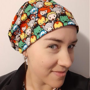 Ribbon tie-back Women's Scrub Cap/OR Hat for ponytail & lots of hair Made with licensed Marvel Avengers Super Hero Fabric image 2