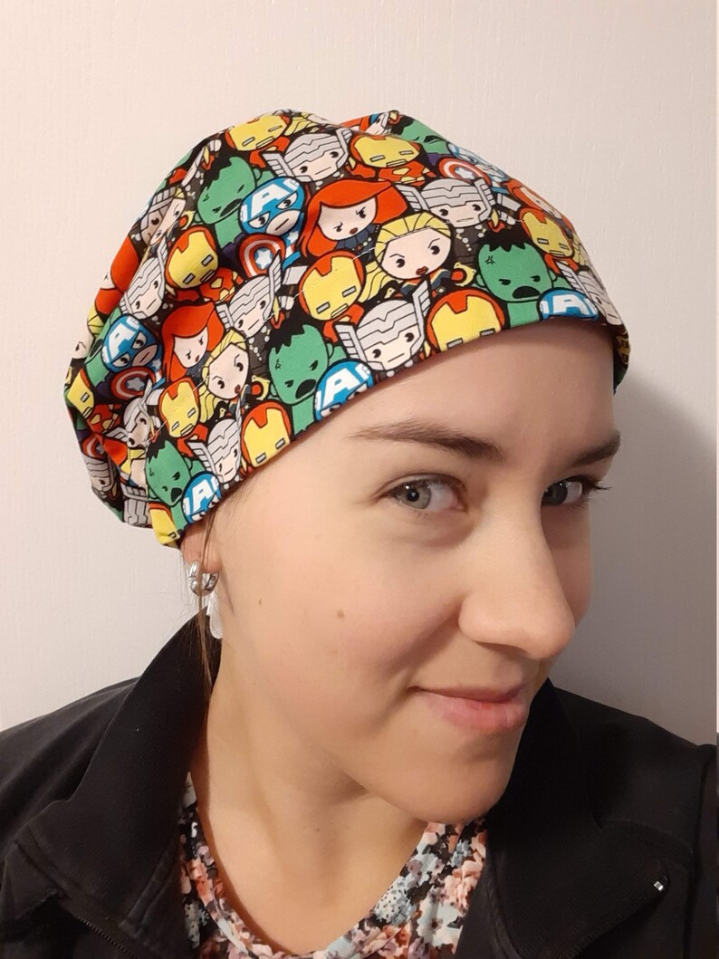 Ribbon tie-back Women's Scrub Cap/OR Hat for ponytail & lots of hair Made with licensed Marvel Avengers Super Hero Fabric image 2