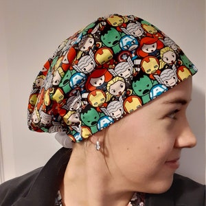 Ribbon tie-back Women's Scrub Cap/OR Hat for ponytail & lots of hair Made with licensed Marvel Avengers Super Hero Fabric image 5