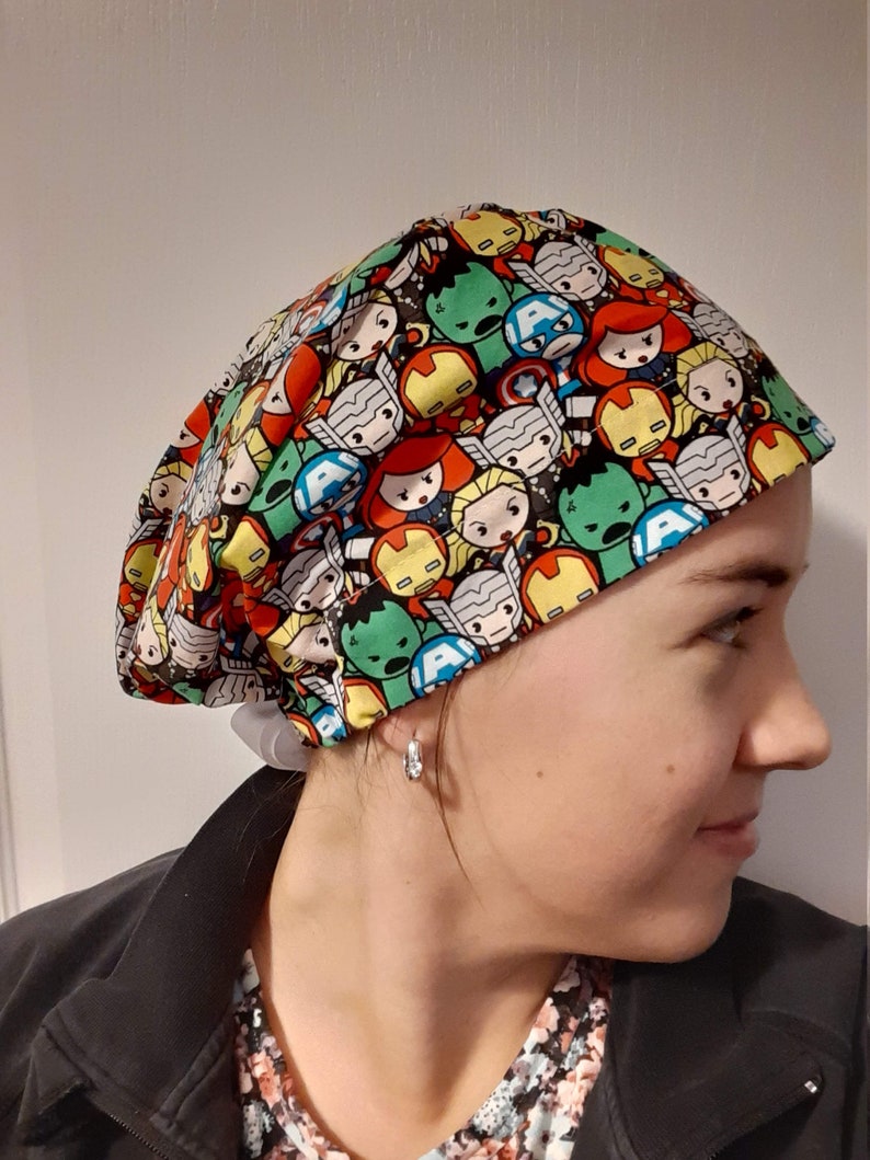 Ribbon tie-back Women's Scrub Cap/OR Hat for ponytail & lots of hair Made with licensed Marvel Avengers Super Hero Fabric image 5