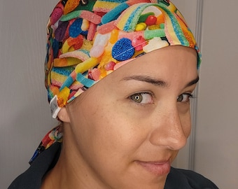 Unisex Scrub Cap/OR Hat for men and women made with super cute rainbow bulk sugar candy dessert fabric
