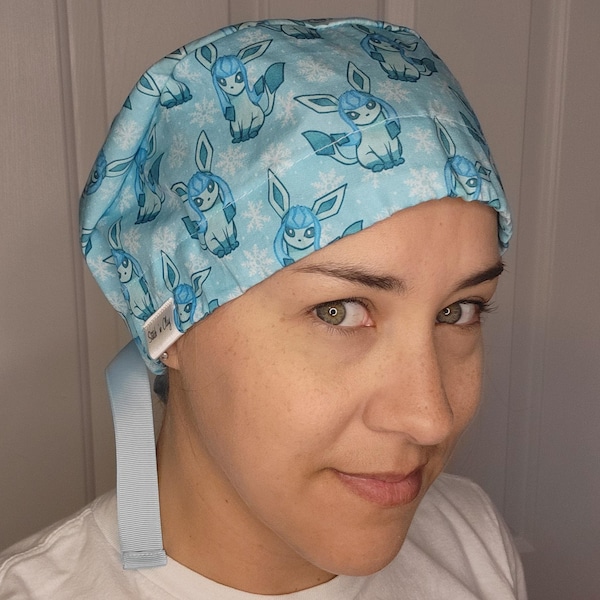 Ribbon Tie-back Women's Scrub Cap Hat for ponytail made with Nintendo anime fabric of Pokémon Glaceon Eevee Eeveelution ice type Pokemon