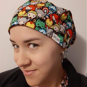 Ribbon tie-back Women's Scrub Cap/OR Hat for ponytail & lots of hair Made with licensed Marvel Avengers Super Hero Fabric image 3