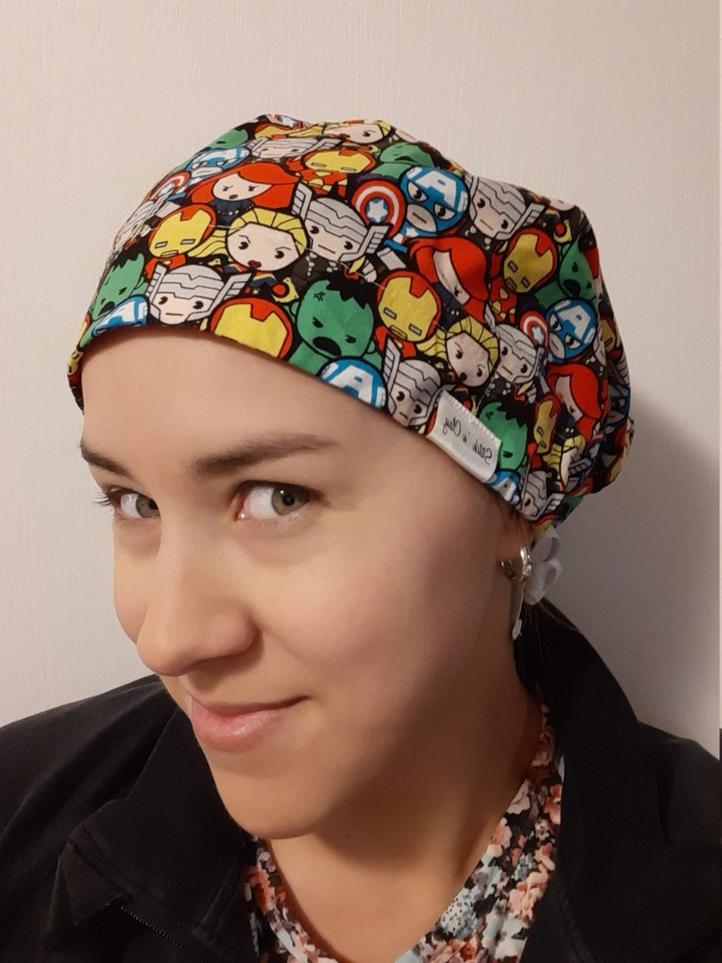 Ribbon tie-back Women's Scrub Cap/OR Hat for ponytail & lots of hair Made with licensed Marvel Avengers Super Hero Fabric image 3
