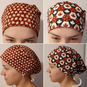 Ribbon Tie-back Women's Scrub Cap/OR Hat for ponytail & lots of hair - Maple Leaf Canadian Patterns