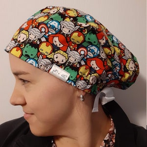 Ribbon tie-back Women's Scrub Cap/OR Hat for ponytail & lots of hair Made with licensed Marvel Avengers Super Hero Fabric image 4