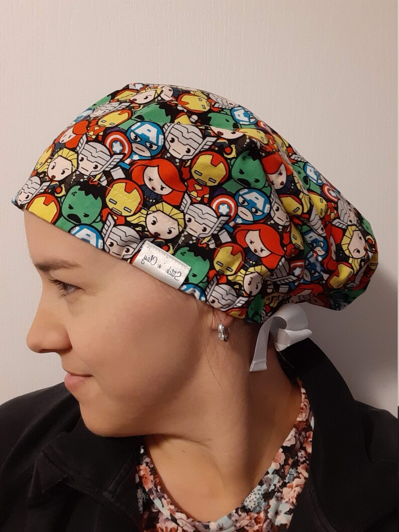 Ribbon tie-back Women's Scrub Cap/OR Hat for ponytail & lots of hair Made with licensed Marvel Avengers Super Hero Fabric image 4
