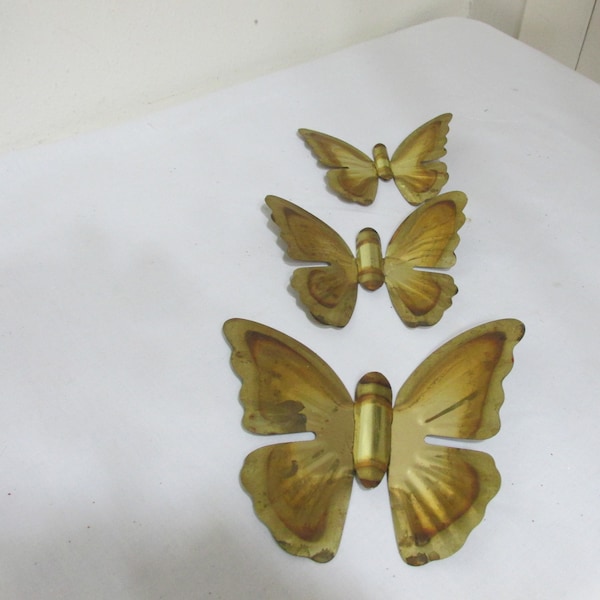 Wall Hanging Butterfly Metal Set of 3 Gold Tone Vintage Home Interior