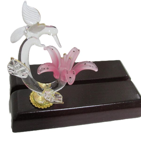 Business Card Holder Vintage Glass Hummingbird and Flower n Wood