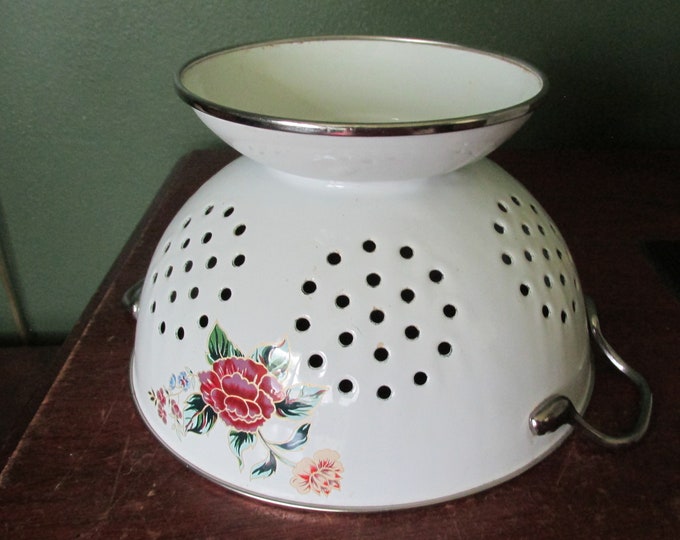 Enamel Colander Flower Design Vintage Side Handles Etsy