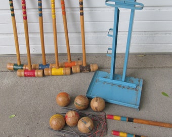 Wood Croquet Set with Stand 6 Vintage Mallets, Balls and 9 Wickets