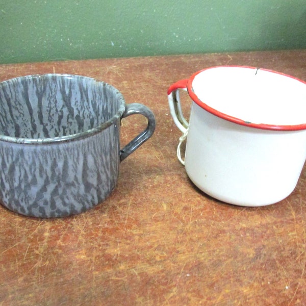 Enamel Cup Choice Vintage Gray or White Red Trim Metal Mugs