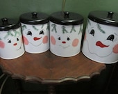 Metal Canister Snowmen Upcycled Vintage Set of 4 Metal Seasonal Containers Hand Painted