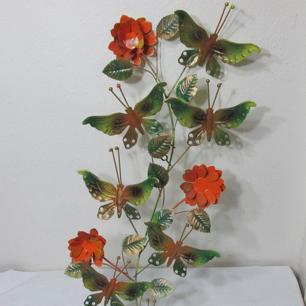 Metal Flowers and Butterflies Vintage Colored 1 Piece  Wall Sculpture