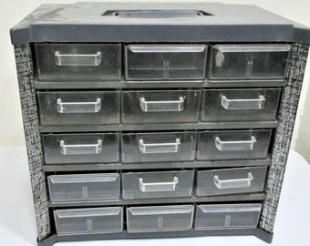 Storage Organizer Vintage 15 Drawers Bin Metal and Plastic Cabinet Case