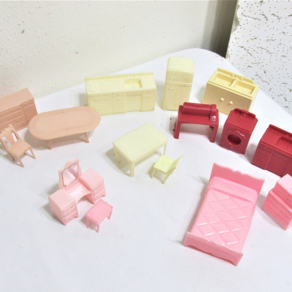 Dollhouse Furniture Plastic Vintage Colored Table Bed and Others