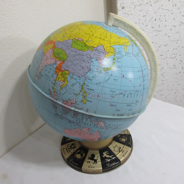 Tin Globe by Ohio Art Vintage Astrological Signs on Base