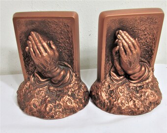 Bookends Praying Hands Vintage 1964 Copper Color Plaster