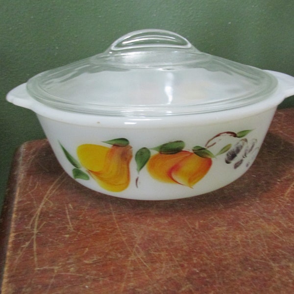 Casserole Fire King Milk Glass Gay Fad Fruit Vintage Hand Painted  2 Quart with Lid