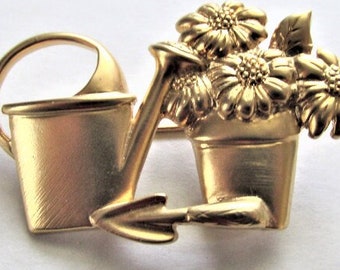 Spring Brooch Signed Avon Gold Tone Gardening Pin Watering Pot, Flowers and Trowel