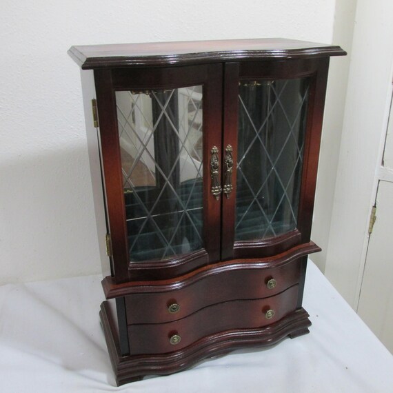 Jewelry Box Wood Vintage Curved Diamond Cut Glass Doors Plus 2 Etsy