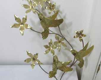 Humming Birds and Flowers Metal Wall Sculpture Vintage Brass Look