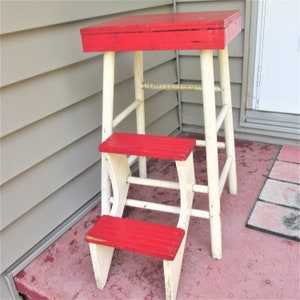 Wood Stool Pull Out Folding Steps Vintage Red and White