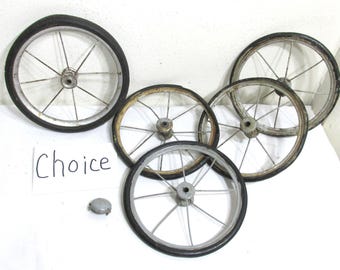 Primitive Spoke Wheels Vintage Replacement Parts Metal and Rubber 2 Size Tires