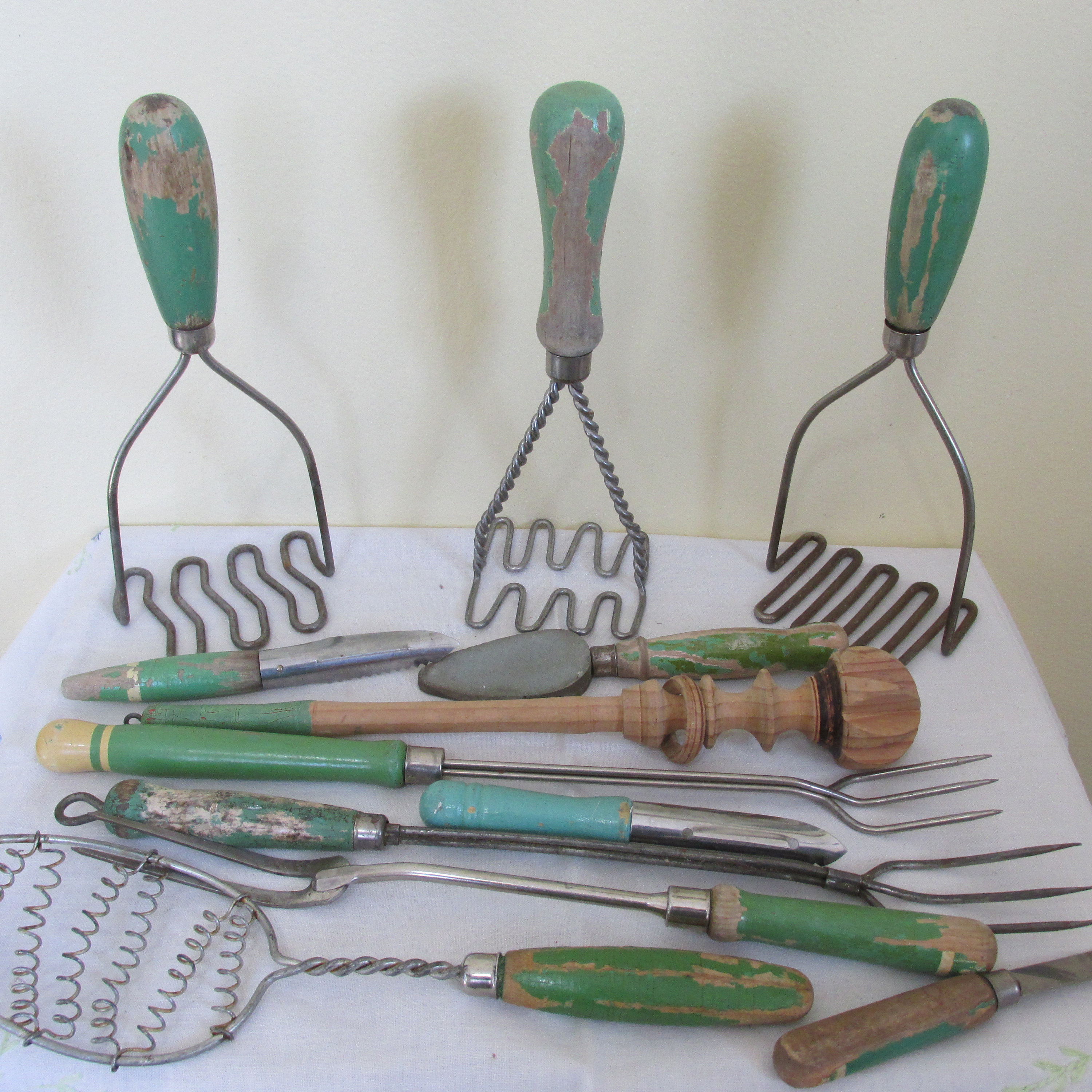 Green Wood Handle Utensils Choice of 1 Vintage Kitchen Tool 