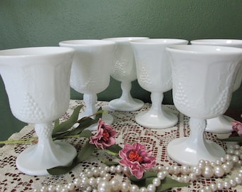 Milk Glass Goblets Set of 6 Vintage Indiana Glass Colony Harvest Grape