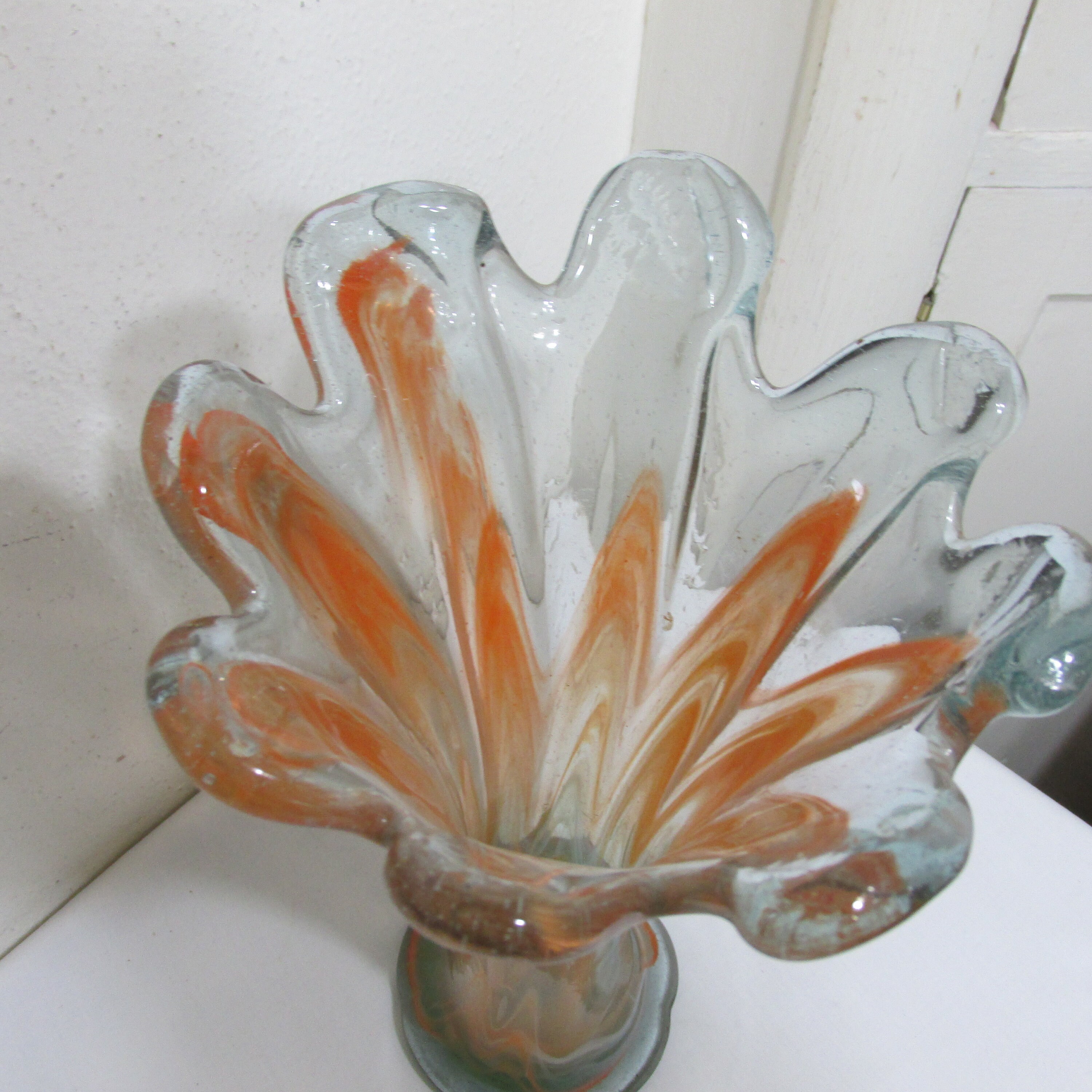 Murano Glass Vase Vintage Orange and Clear with Aqua bottom Hand