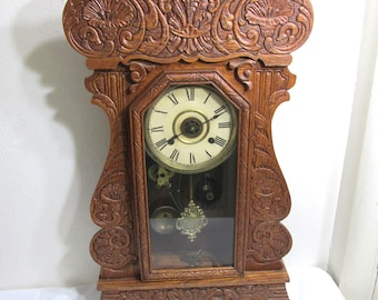 Carved Mantel Clock  Non Working Antique With Keys