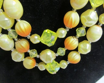 Necklace 3 Strands Vintage Shades of Yellow Beads