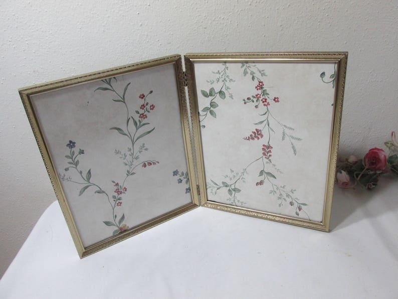 Bi Fold Picture Frame Vintage Metal 8 X 10 Gold Tone Double Image 0