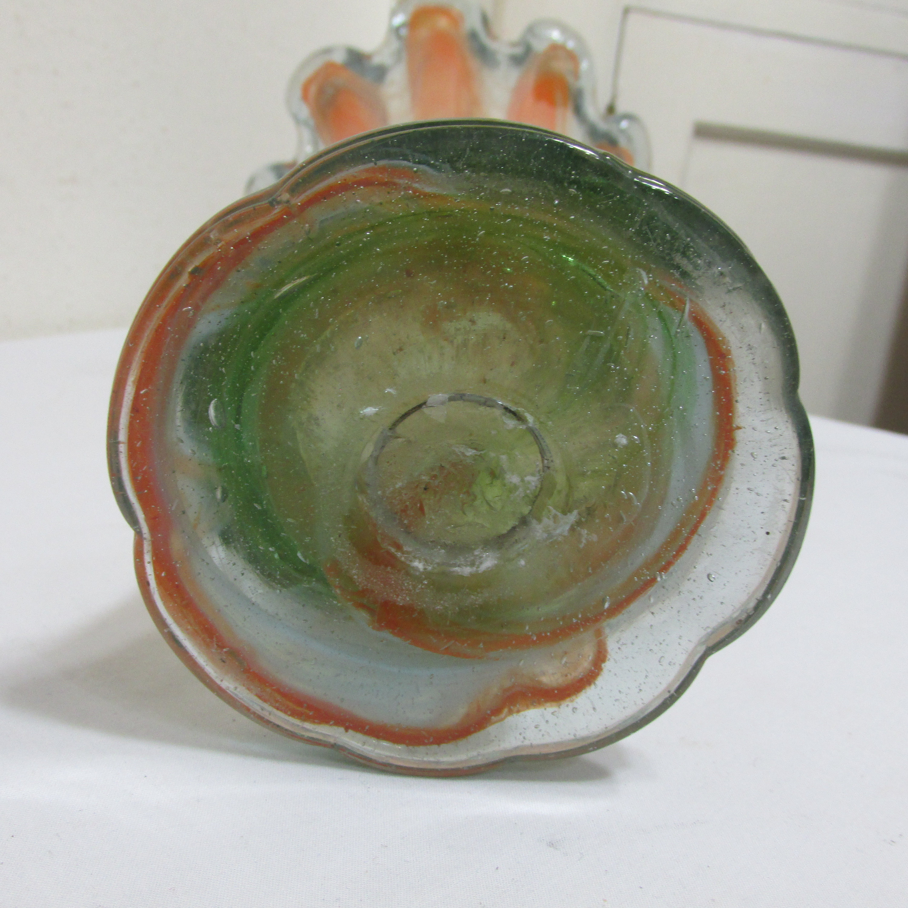 Murano Glass Vase Vintage Orange and Clear with Aqua bottom Hand
