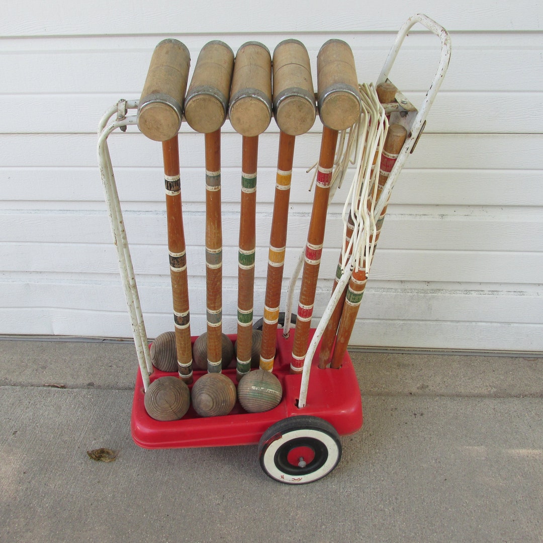 Croquet Set With Cart Vintage 5 Mallets 6 Wood Balls 9 Etsy