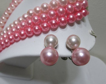 Three Strand Necklace and Earring Set Screw On Beads Shades of Pink