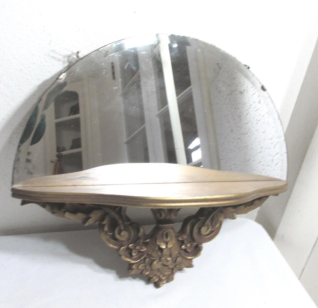 Half Mirror Rack Frameless Mirror Shelf Half Round Attached Vintage Ornate Original Gold ...