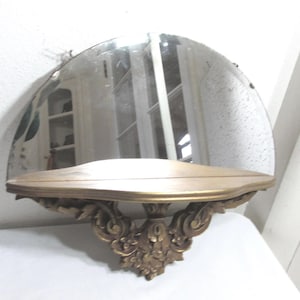 Frameless Mirror Shelf Half Round Attached Vintage Ornate Original Gold image 1